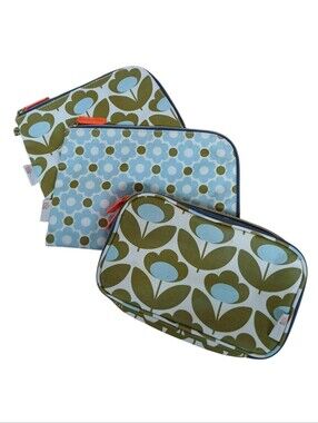 Orla Kiely Olive Green and Light Blue Retro Floral Cosmetic Pouch Set Of 3